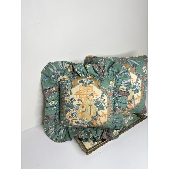 Set of Two Rare Sage Green Japanese Geisha Throw Pillows Chinioserie Garden - Picture 3 of 10